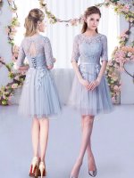 Fitting Mini Length Empire Half Sleeves Grey Court Dresses for Sweet 16 Lace Up