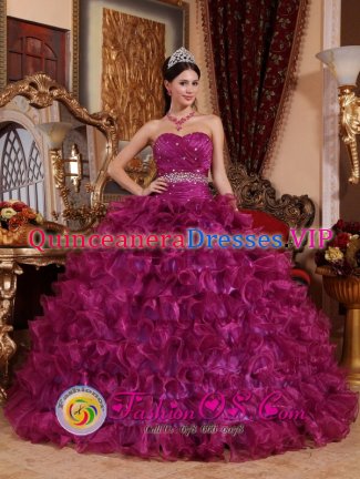 Columbus Mississippi/MS Brand New Strapless Dark Purple Quinceanera Dress For Beaded Decorate Wasit Sweetheart Ruffled Organza Ball Gown