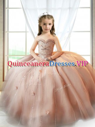 Pink Tulle Lace Up Sweetheart Sleeveless Floor Length Little Girl Pageant Gowns Beading and Appliques