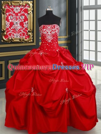 Floor Length Red Quinceanera Gown Taffeta Sleeveless Beading and Pick Ups