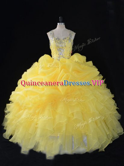 Dynamic Yellow Zipper Straps Beading and Ruffles and Pick Ups Sweet 16 Dress Organza Sleeveless - Click Image to Close