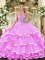 Lilac Lace Up Ball Gown Prom Dress Beading and Ruffled Layers Sleeveless Floor Length