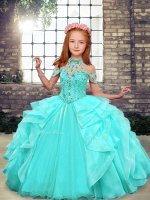 Sleeveless Lace Up Floor Length Beading and Ruffles Girls Pageant Dresses