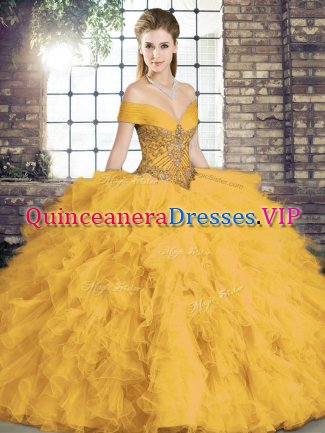 Custom Design Off The Shoulder Sleeveless Lace Up Quinceanera Dresses Gold Tulle