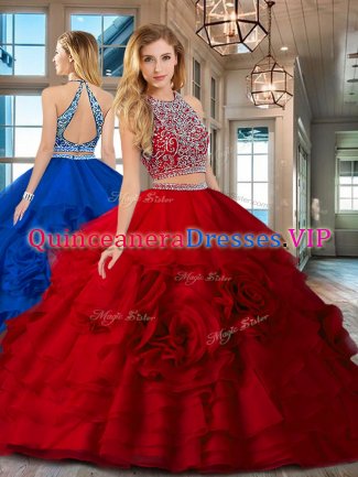 Romantic Scoop Red Sleeveless Floor Length Beading and Ruffles Backless Quinceanera Dress