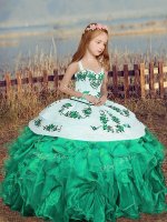 Turquoise Ball Gowns Straps Sleeveless Organza Floor Length Lace Up Embroidery and Ruffles Pageant Gowns For Girls