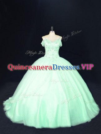 Custom Designed Tulle Off The Shoulder Sleeveless Court Train Lace Up Beading Sweet 16 Quinceanera Dress in Apple Green