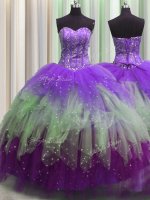 Visible Boning Floor Length Lace Up Quinceanera Dresses Multi-color for Military Ball and Sweet 16 and Quinceanera with Beading and Ruffles and Sequins