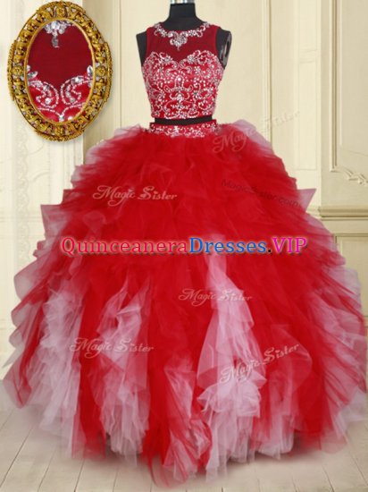 Two Pieces Scoop See Through White and Red Zipper Sweet 16 Quinceanera Dress Beading and Ruffles Sleeveless Floor Length - Click Image to Close