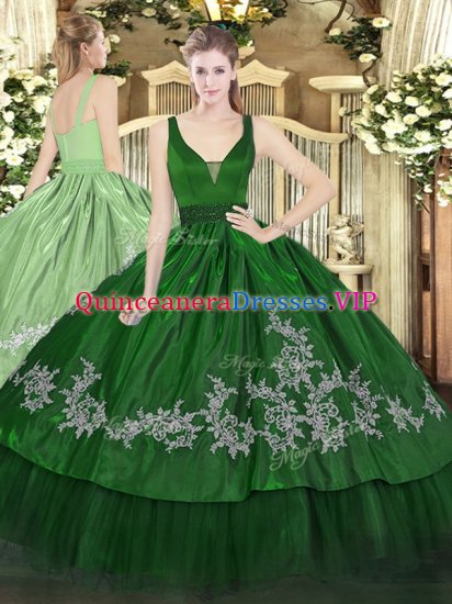 Designer Dark Green Ball Gowns Organza and Taffeta Straps Sleeveless Beading and Embroidery Floor Length Zipper Vestidos de Quinceanera - Click Image to Close