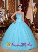 Norwich Connecticut/CT Sweetheart Beaded Decorate Pretty Baby Blue Quinceanera Dress Made In Tulle and Taffeta