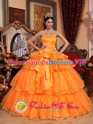 Lifton Devon Orange Ruffles Layered Strapless Organza Quinceanera Dress With Bow In New Jersey