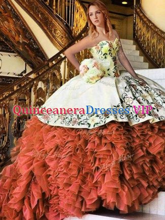 Glorious Rust Red Ball Gowns Sweetheart Sleeveless Organza Floor Length Lace Up Appliques and Embroidery and Ruffles Sweet 16 Quinceanera Dress