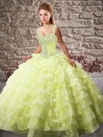 Stunning Yellow Green Straps Lace Up Beading and Ruffled Layers Quinceanera Gown Court Train Sleeveless(SKU SJQDDT2068002-3BIZ)