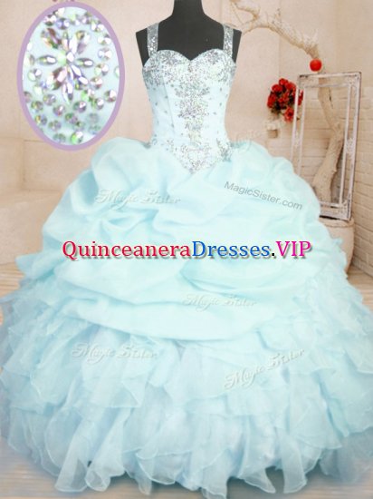 Light Blue Ball Gowns Beading and Ruffles and Pick Ups Ball Gown Prom Dress Zipper Organza Sleeveless Floor Length - Click Image to Close