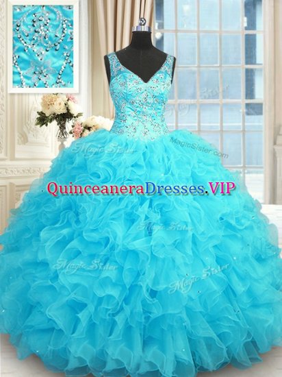 Beading and Ruffles Ball Gown Prom Dress Baby Blue Zipper Sleeveless Floor Length - Click Image to Close