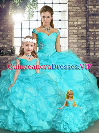 High Quality Organza Sleeveless Floor Length 15th Birthday Dress and Beading and Ruffles