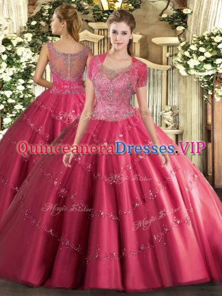 Custom Design Hot Pink Clasp Handle Sweet 16 Dress Beading and Appliques Sleeveless Floor Length