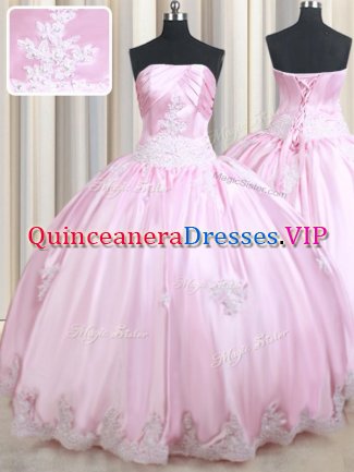 Sleeveless Floor Length Appliques Lace Up 15 Quinceanera Dress with Baby Pink