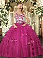 Delicate Mermaid Quinceanera Gown Fuchsia Straps Tulle Sleeveless Floor Length Lace Up(SKU SJQDDT1166002-1BIZ)