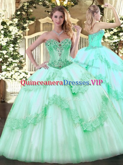 Lovely Sleeveless Lace Up Floor Length Beading and Appliques Quince Ball Gowns - Click Image to Close