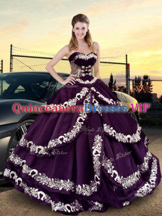 Custom Made Sleeveless Floor Length Embroidery and Ruffled Layers Lace Up Ball Gown Prom Dress with Purple