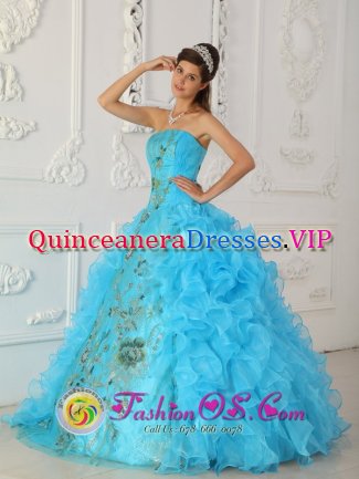 Lexington South Carolina S/C Strapless Floor-length Aque Blue Ruffles Surprise Quinceanera Dresses With Appliques For Sweet 16