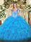 Organza V-neck Sleeveless Lace Up Beading and Ruffles 15 Quinceanera Dress in Baby Blue