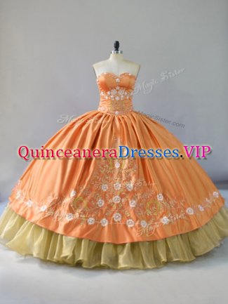 Floor Length Lace Up Quinceanera Gown Orange for Sweet 16 and Quinceanera with Embroidery and Ruffled Layers