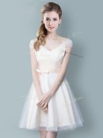 Champagne V-neck Neckline Ruching and Bowknot Dama Dress for Quinceanera Cap Sleeves Zipper