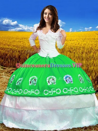 Best Green Lace Up Sweet 16 Dress Embroidery 3 4 Length Sleeve Floor Length - Click Image to Close