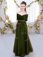 Olive Green Off The Shoulder Neckline Ruching Damas Dress Short Sleeves Lace Up