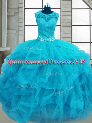 Perfect Scoop Sleeveless Quinceanera Gown Floor Length Beading and Ruffles Baby Blue Tulle