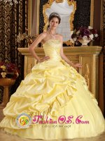 Villa Altagracia Dominican Republic Latest Light Yellow Taffeta Beaded Decorate Yet Pick-ups Ball Gown Quinceanera Dress(SKU QDZY212y-2BIZ)