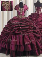 Traditional Sleeveless Taffeta With Brush Train Lace Up Vestidos de Quinceanera in Burgundy with Beading and Appliques and Pick Ups