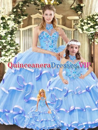 Low Price Ball Gowns Quinceanera Dress Blue Halter Top Organza Sleeveless Lace Up