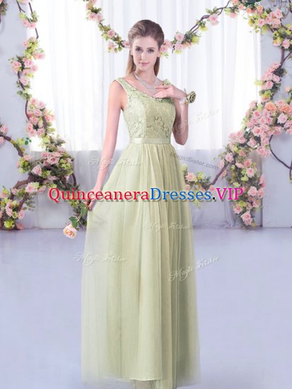 Discount Yellow Green Tulle Side Zipper V-neck Sleeveless Floor Length Dama Dress Lace and Belt - Click Image to Close