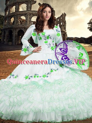 Organza Square Long Sleeves Lace Up Embroidery and Ruffled Layers Quinceanera Dresses in White