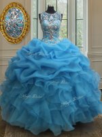 Custom Design Scoop See Through Baby Blue Sleeveless Beading and Ruffles and Pick Ups Floor Length 15 Quinceanera Dress