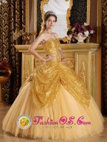 Hand Made Flowers New Gold Cologne Germany Quinceanera Dress Sweetheart Floor-length Strapless Sequin and Tulle Ball Gown(SKU QDZY286y-7BIZ)