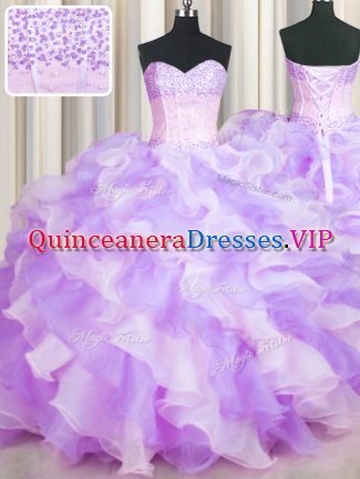 Two Tone Visible Boning Sweetheart Sleeveless Quinceanera Dress Floor Length Beading and Ruffles Multi-color Organza