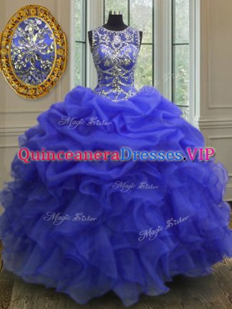 Ball Gowns 15 Quinceanera Dress Royal Blue Scoop Organza Sleeveless Floor Length Lace Up