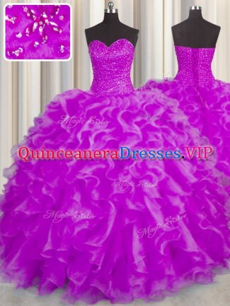 Fuchsia Ball Gowns Beading and Ruffles Quinceanera Dresses Lace Up Organza Sleeveless Floor Length