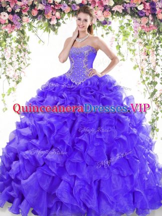 Romantic Purple Sweet 16 Dresses Military Ball and Sweet 16 and Quinceanera with Beading and Ruffles Sweetheart Sleeveless Sweep Train Lace Up