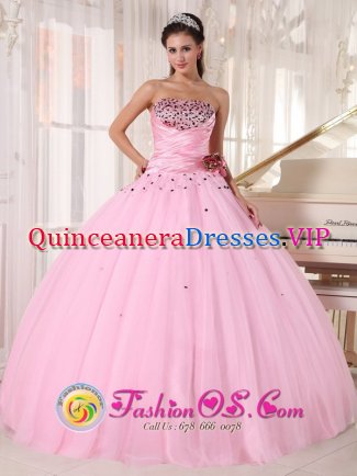 Lovely Pink Beaded Decorate Bust and Ruched Bodice Sweet 16 Taffeta and Tulle Dress With Hand Made Flowers In Lake George New York/NY