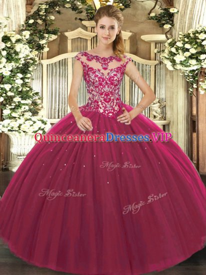 Floor Length Fuchsia Ball Gown Prom Dress Tulle Cap Sleeves Beading and Appliques - Click Image to Close