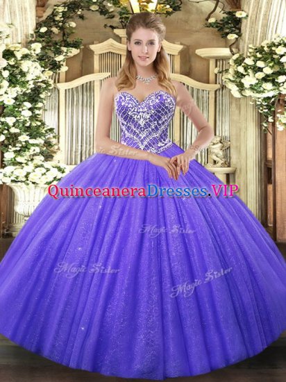 Deluxe Purple Ball Gowns Tulle Sweetheart Sleeveless Beading Floor Length Lace Up Sweet 16 Dresses - Click Image to Close