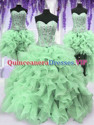 Four Piece Apple Green Sweetheart Lace Up Beading and Ruffles Quinceanera Gowns Sleeveless