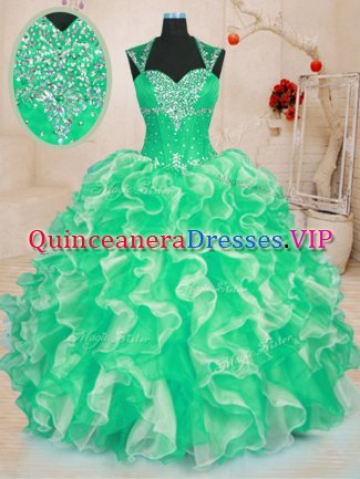 Green Sleeveless Beading and Ruffles Floor Length Sweet 16 Quinceanera Dress