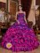 Gland Switzerland Discount Purple and Fuchsia Quinceanera Dress With Embroidery Decorate Straps Multi-color Ruffles Ball Gown